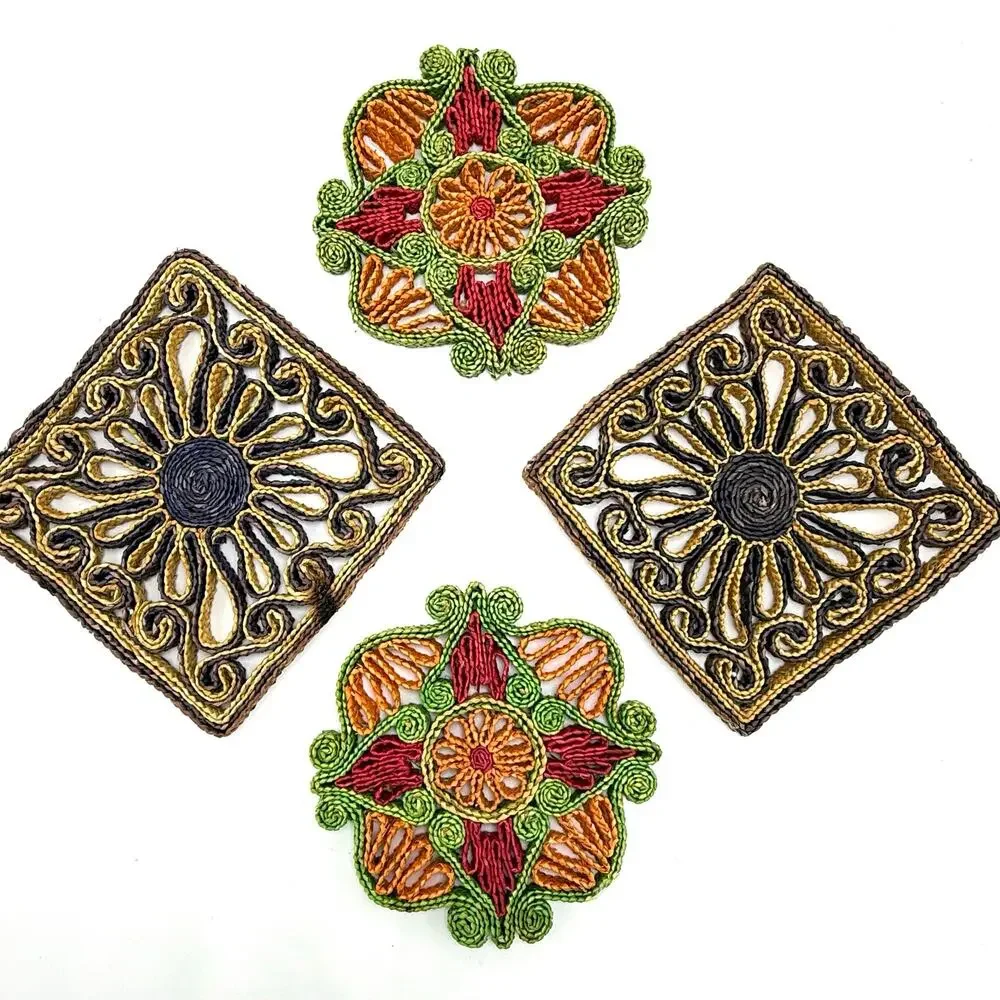 Vintage 1970s Boho Woven Trivets Lot 4 Colorful Hippie Wall Hanging Raffia Straw